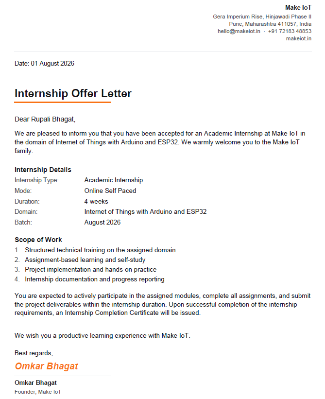 Make IoT Internship Offer Letter